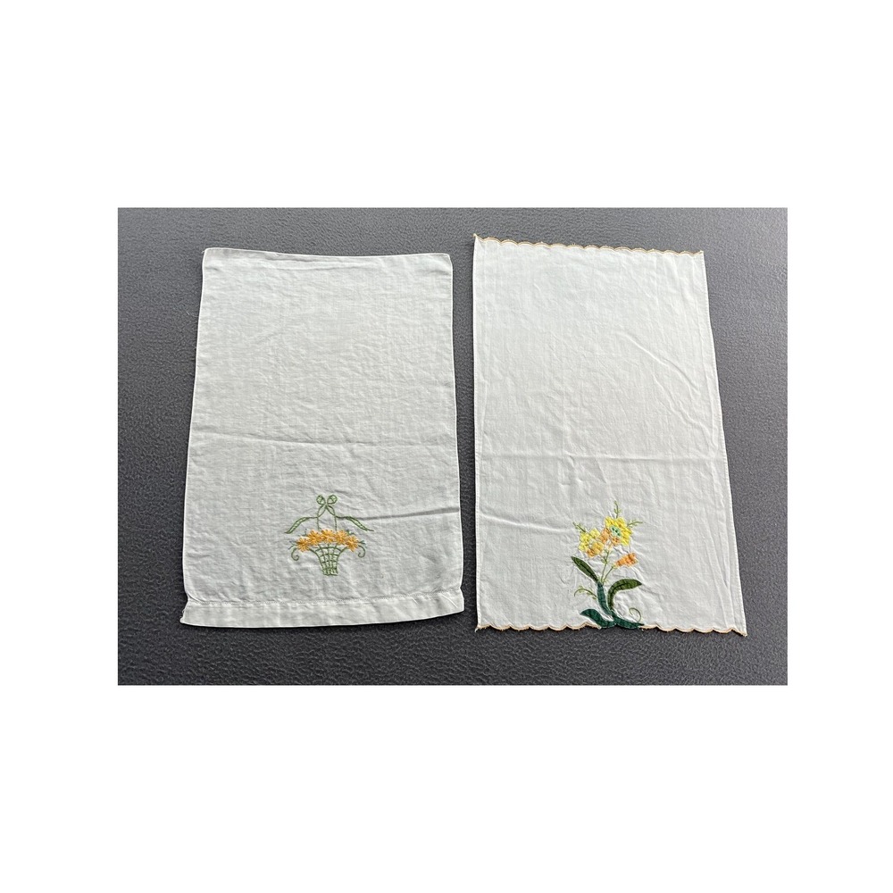 Vintage Hand Embroidered Linen Guest Towel Set Floral Basket Applique White 2pc